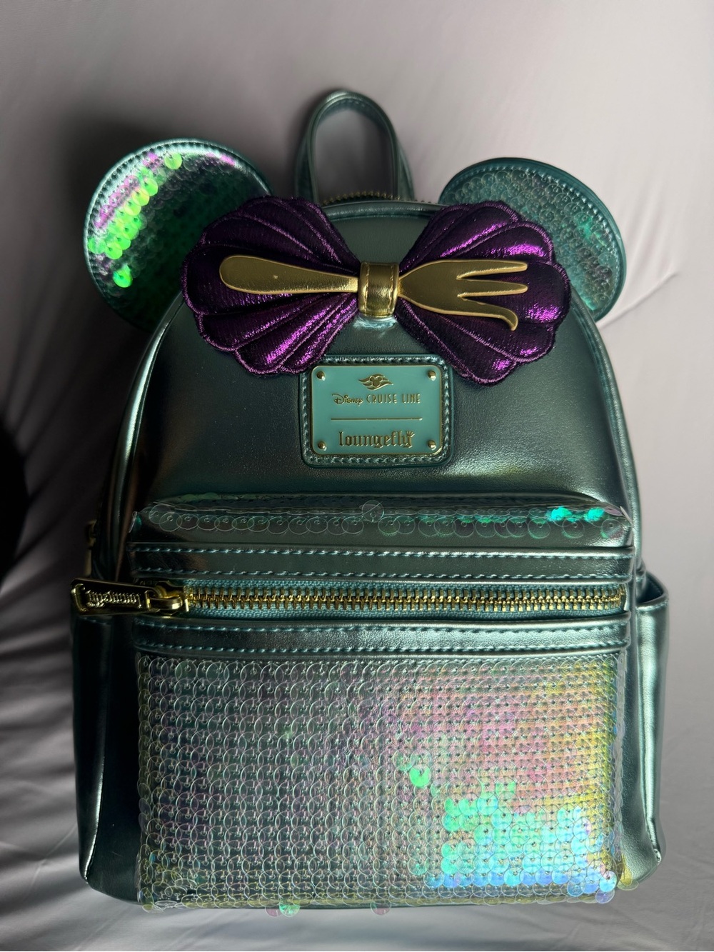 Loungefly Iridescent Teal Mini Backpack with Purple Shell Bow